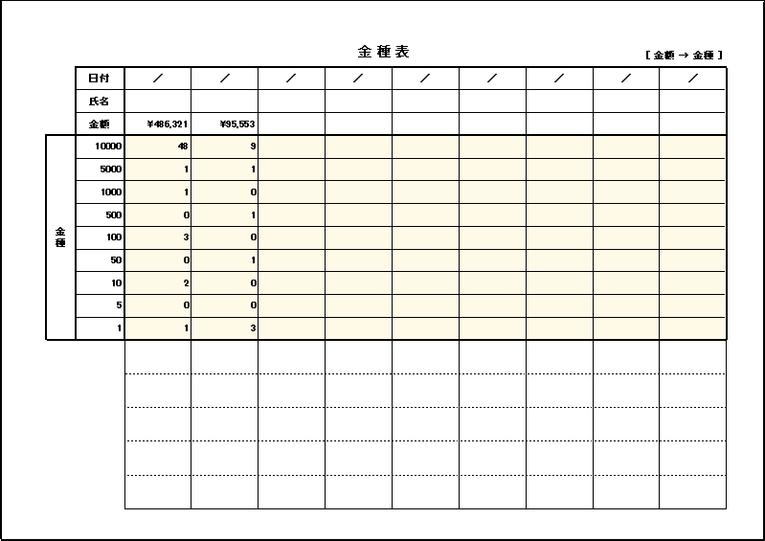 金額から金種にする金種表のExcelフォーマット