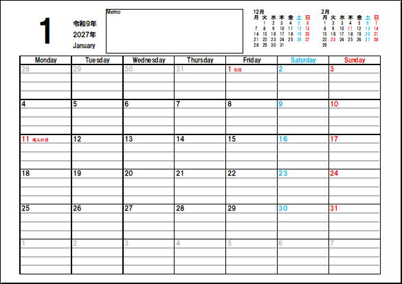 月曜始りの2027年カレンダー