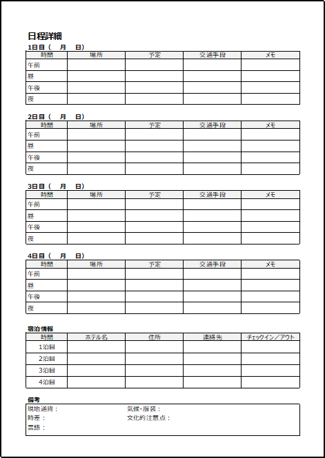 海外旅行日程表のフォーマット　シート2